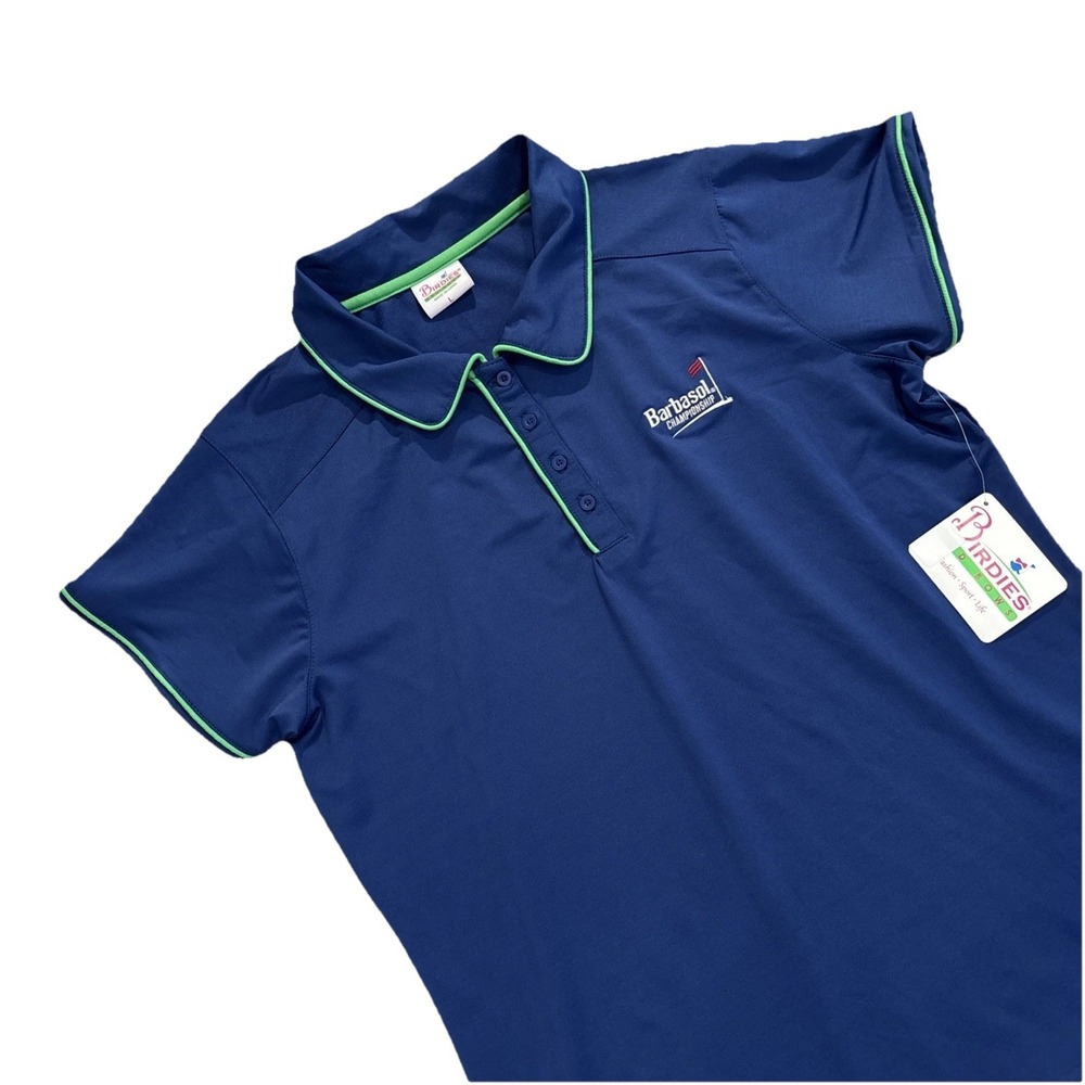 NWT Birdies & Bows LARGE BLUE BARBASOL CHAMPIONSHIP Pitch/putt Golf Polo Women's